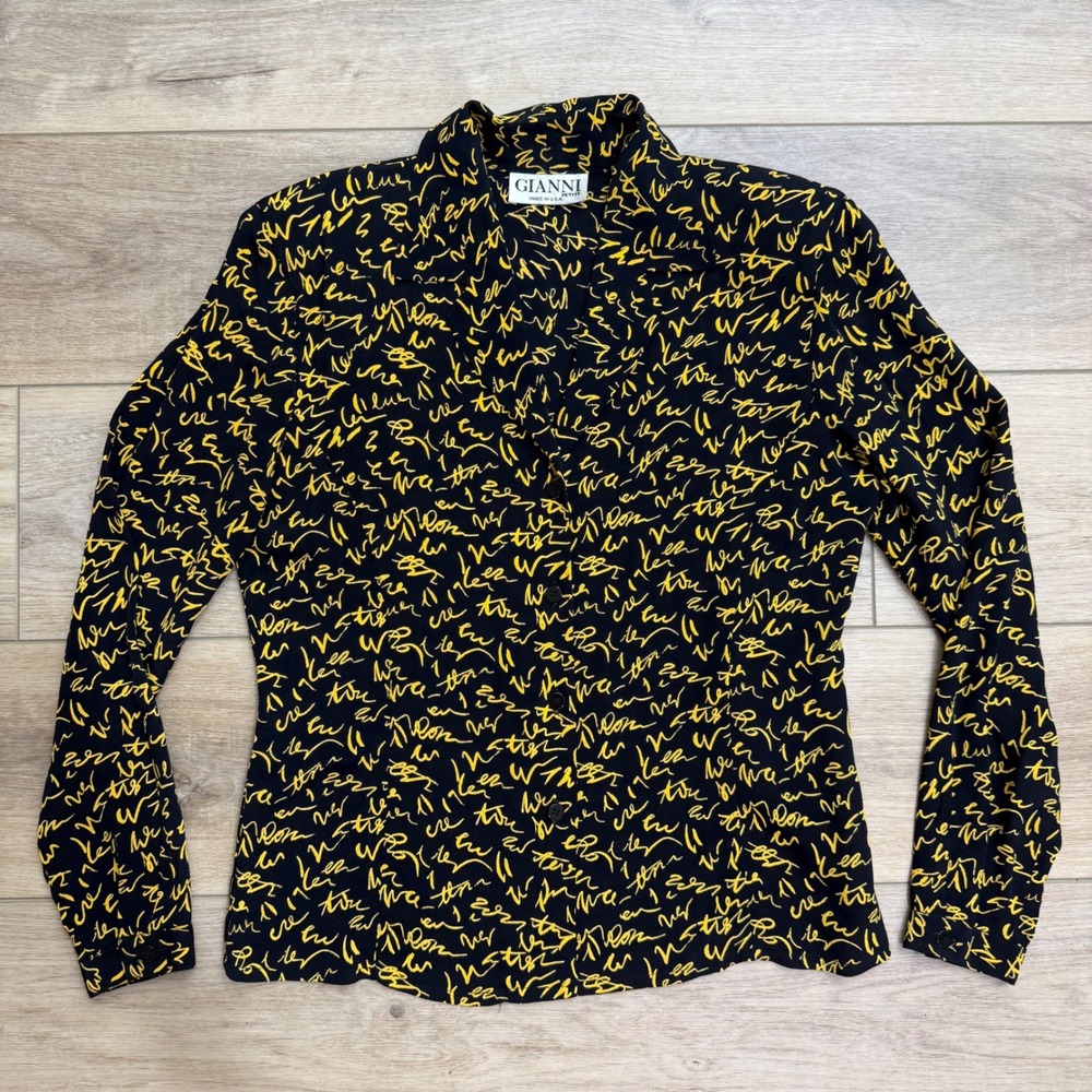 Vintage Gianni Script Scribble Print Artsy City 90s Y2K Button Down Blouse 4